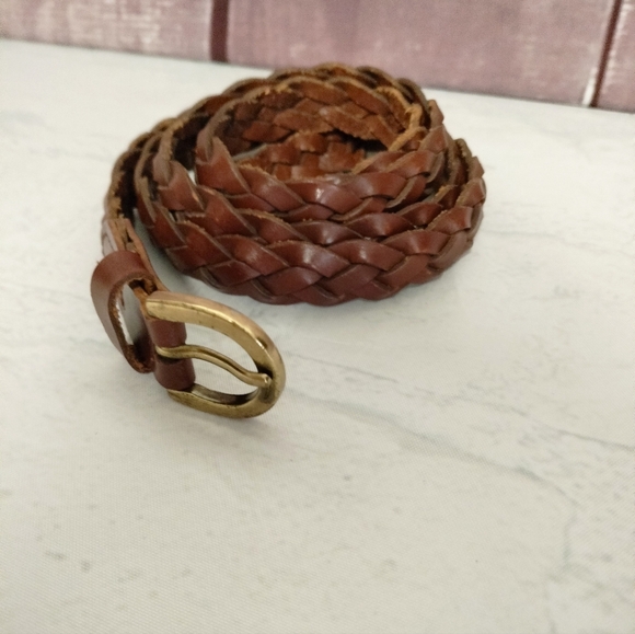 Braided Brown Leather Belt with Gold Buckle Sz S/M Skinny Adjustable - Picture 9 of 11